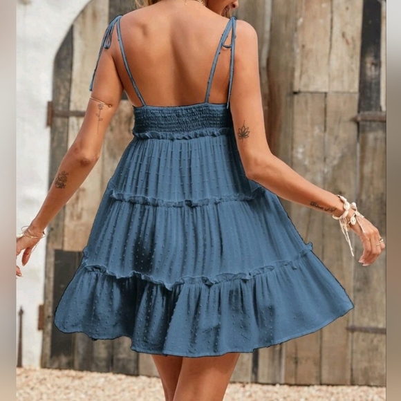 New Boho Swiss Polka Dot Babydoll Cami Mini Dress Sundress Dusty Blue - Picture 4 of 10